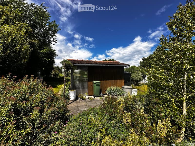 A small wooden shed surrounded by lush greenery, with trash bins and a concrete pathway.