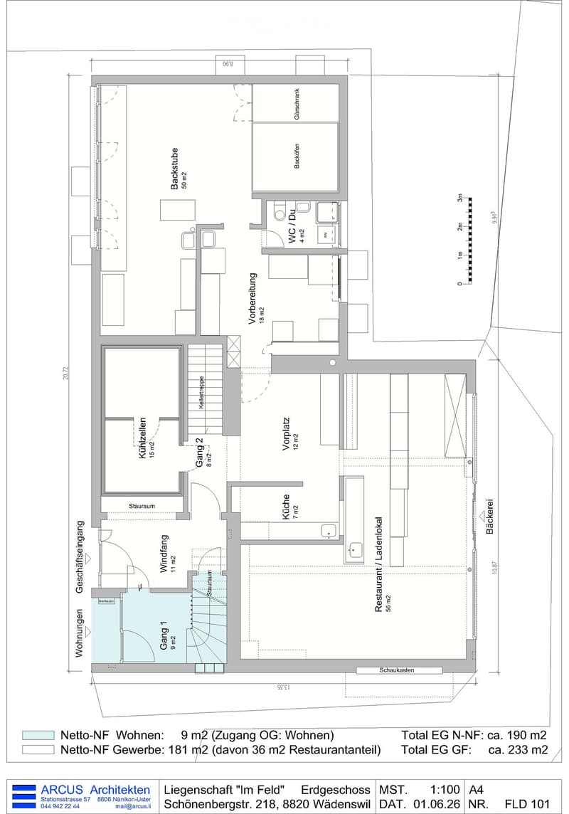 Ground floor floor plan showing residential and commercial spaces including living area, kitchen, dining room, restaurant, back office, and storage areas.