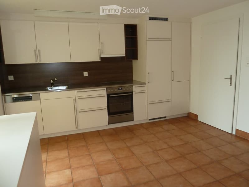 Modern kitchen with light-colored cabinets, stainless steel appliances, and terracotta tiled flooring.