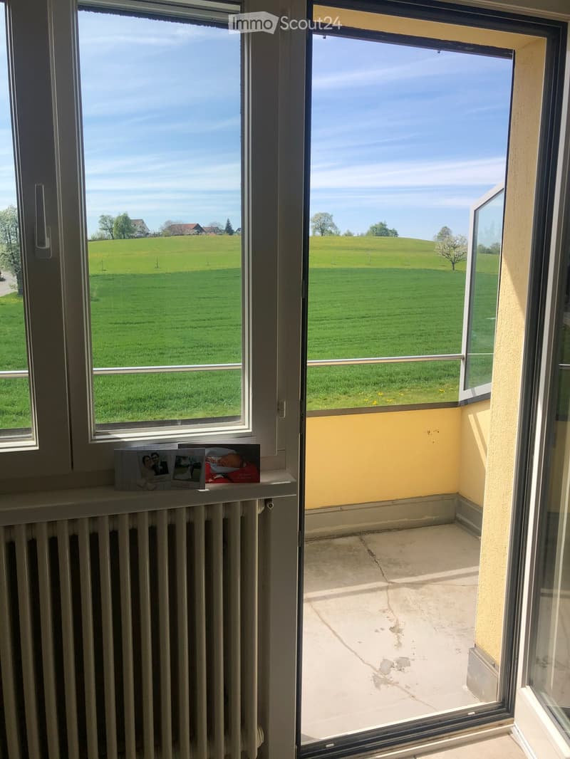 Balcony with large windows overlooking a green field and distant houses, yellow walls, concrete floor, radiator with photo display on the windowsill.