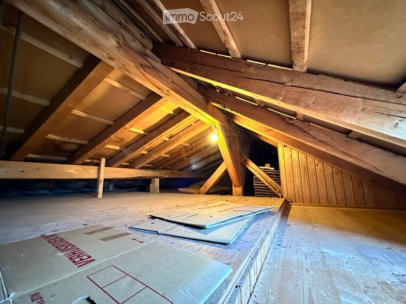Empty attic space with exposed wooden beams and insulation, featuring a wooden floor and a small staircase leading to another area.