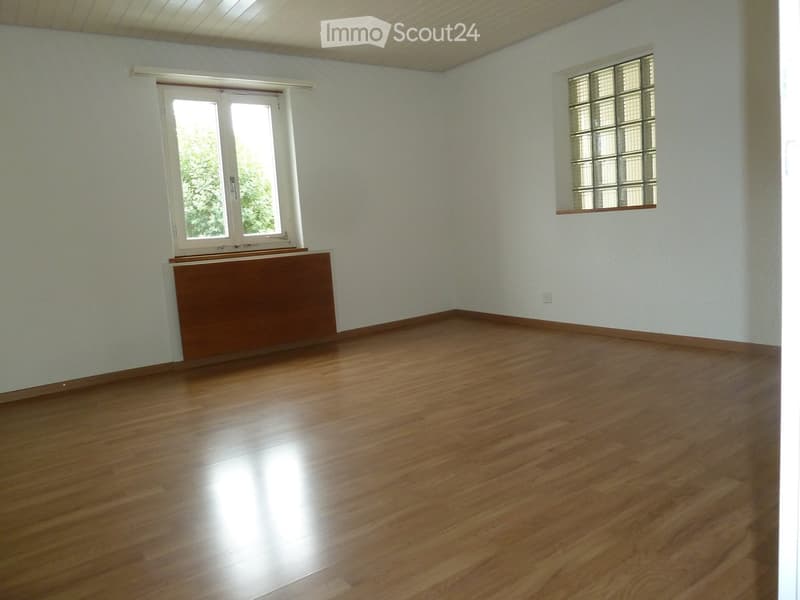 Empty room with wooden flooring, light-colored walls, and two windows, one with a radiator below it.