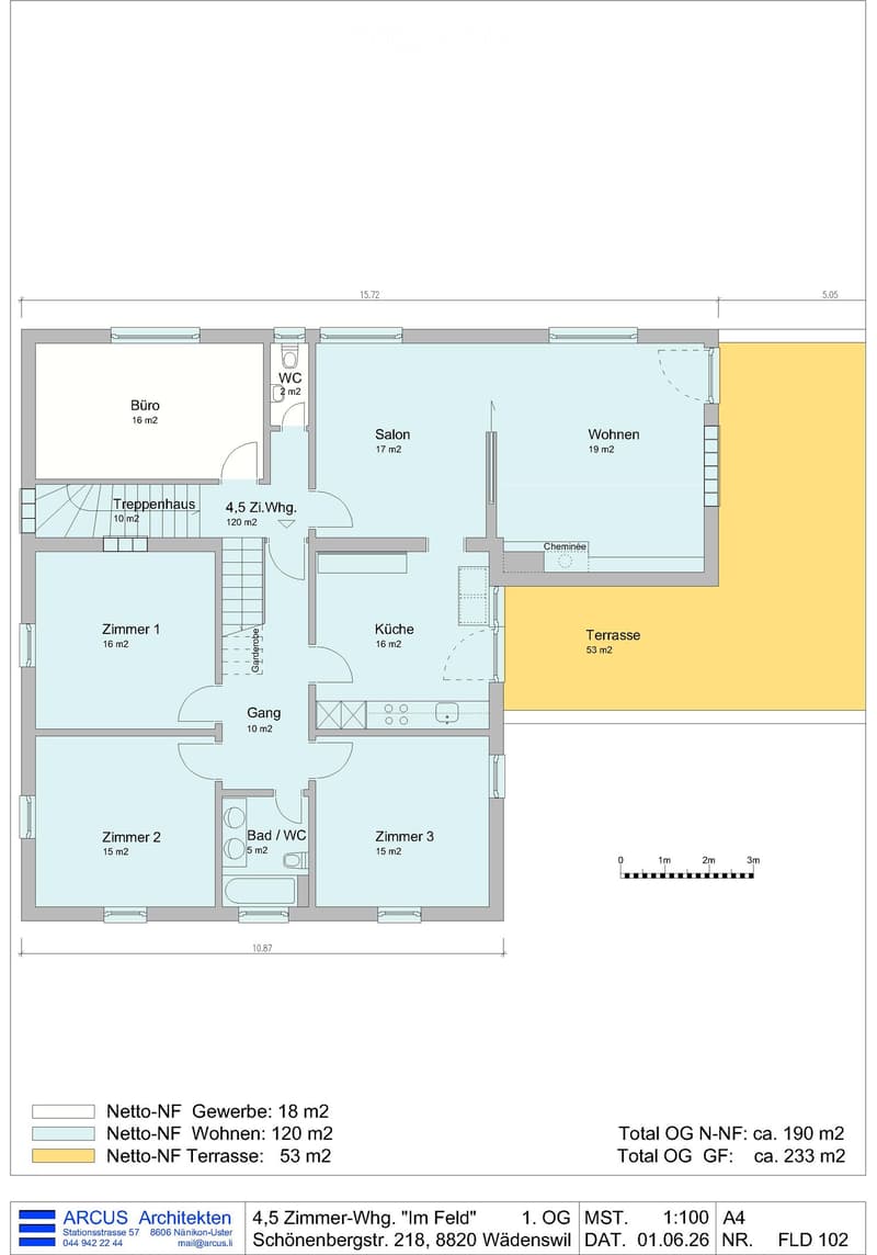 Floor plan of a 4.5-room apartment with living room, kitchen, three bedrooms, bathroom, office, staircase, and terrace.