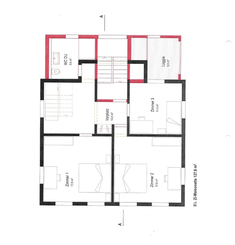 Floor plan of a 5.5-room apartment with 3 bedrooms, 1 living room, 1 kitchen, 1 bathroom, and a loggia.