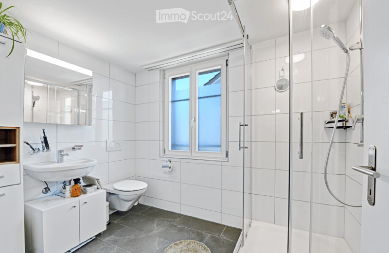 Modern bathroom with white tiles, a large window, a walk-in shower, a sink with a mirror, and a toilet. Includes a small cabinet, towel, and decorative plant.