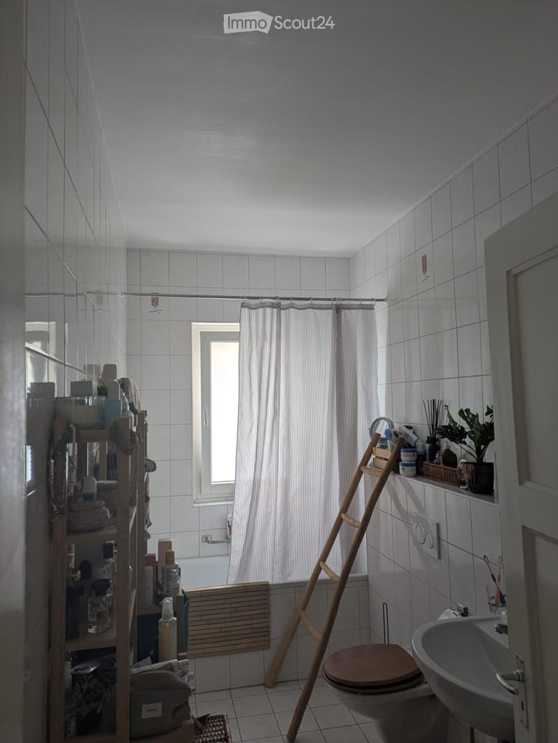 Bathroom with white tiled walls, a toilet, sink, mirror, shower curtain, wooden shelf, and a small plant on the windowsill.