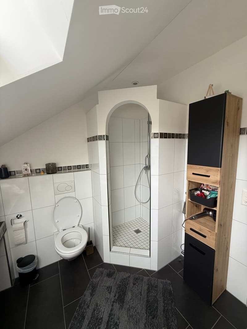 Modern bathroom with white tiles, a toilet, a walk-in shower with glass doors, a wooden bathroom cabinet, a towel rack, and a grey rug on the floor.