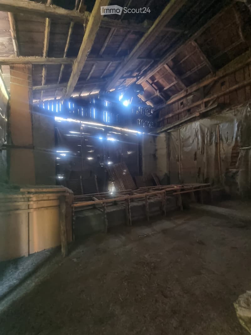 Empty basement or garage space with exposed wooden beams, concrete floor, and minimal lighting. No furniture or equipment present.