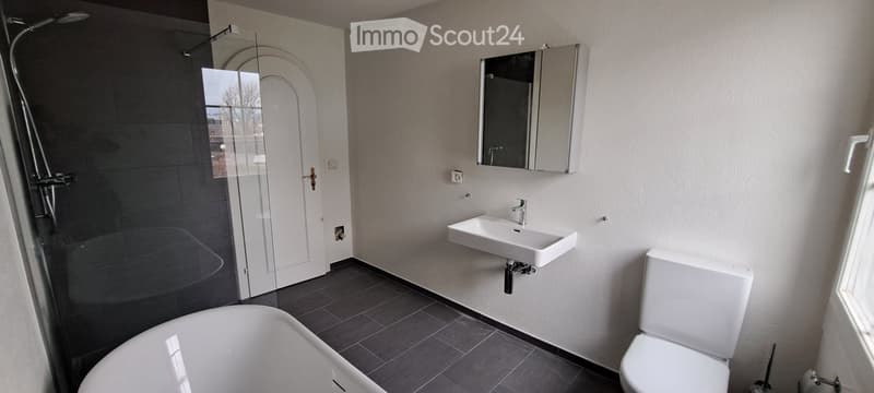 Modern bathroom with a bathtub, toilet, sink, mirror, and glass-enclosed shower. Grey tiles and white fixtures.
