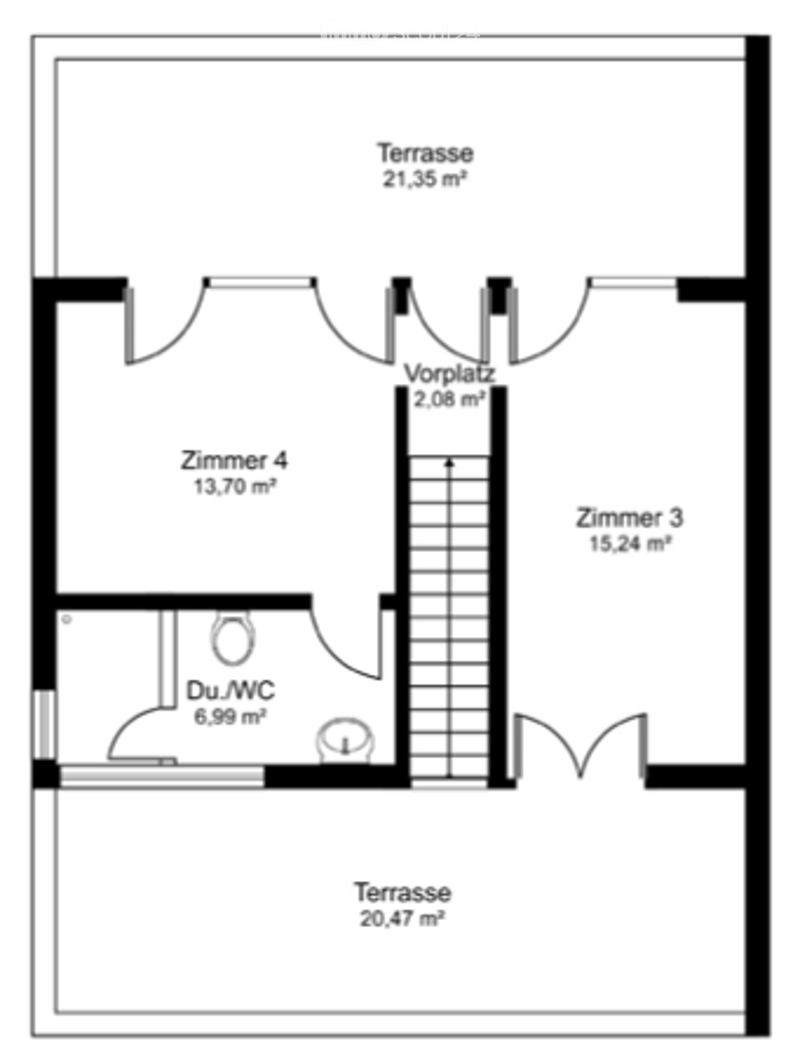 Floor plan of a 4-room apartment with two terraces, a hallway, and a bathroom.