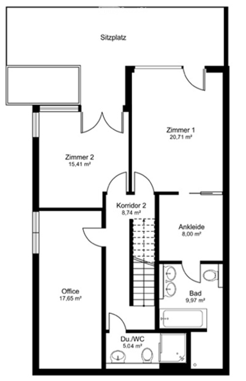 Floor plan of an apartment with a living area (Sitzplatz), two bedrooms (Zimmer 1 and Zimmer 2), a corridor (Korridor 2), an office, a bathroom (Bad), a shower/toilet (Du/WC), and an entrance area (Ankleide).