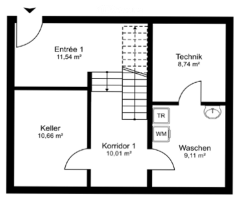Floor plan showing entrance, corridor, basement, technical room, washing area, and toilet.