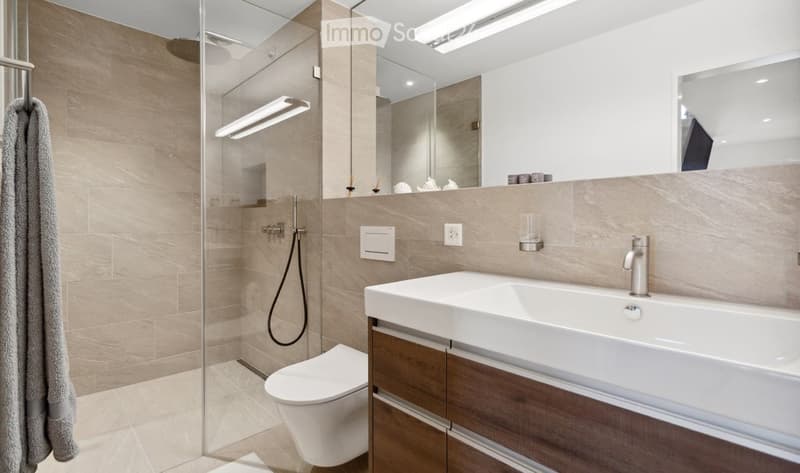 Modern bathroom with a white toilet, a white sink with a silver faucet, a large mirror, a glass-enclosed shower, and a beige towel hanging on the side.