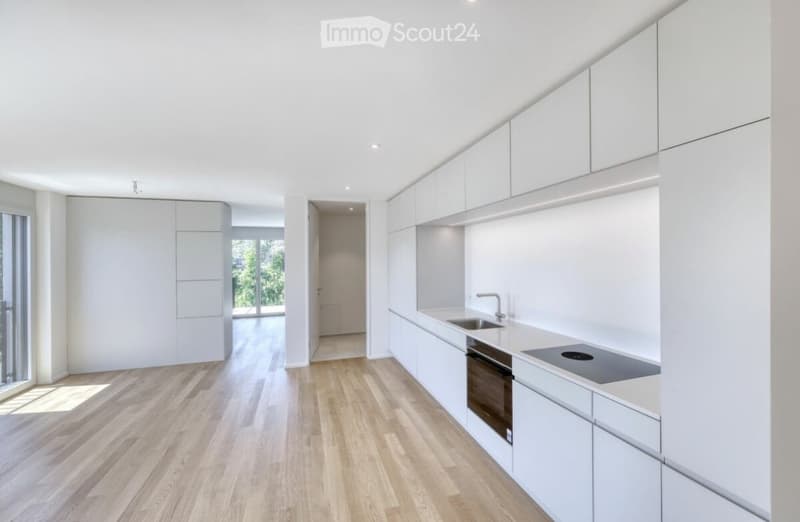 Modern, minimalist kitchen with white cabinets, light wooden flooring, and built-in appliances including a sink, oven, and stove.
