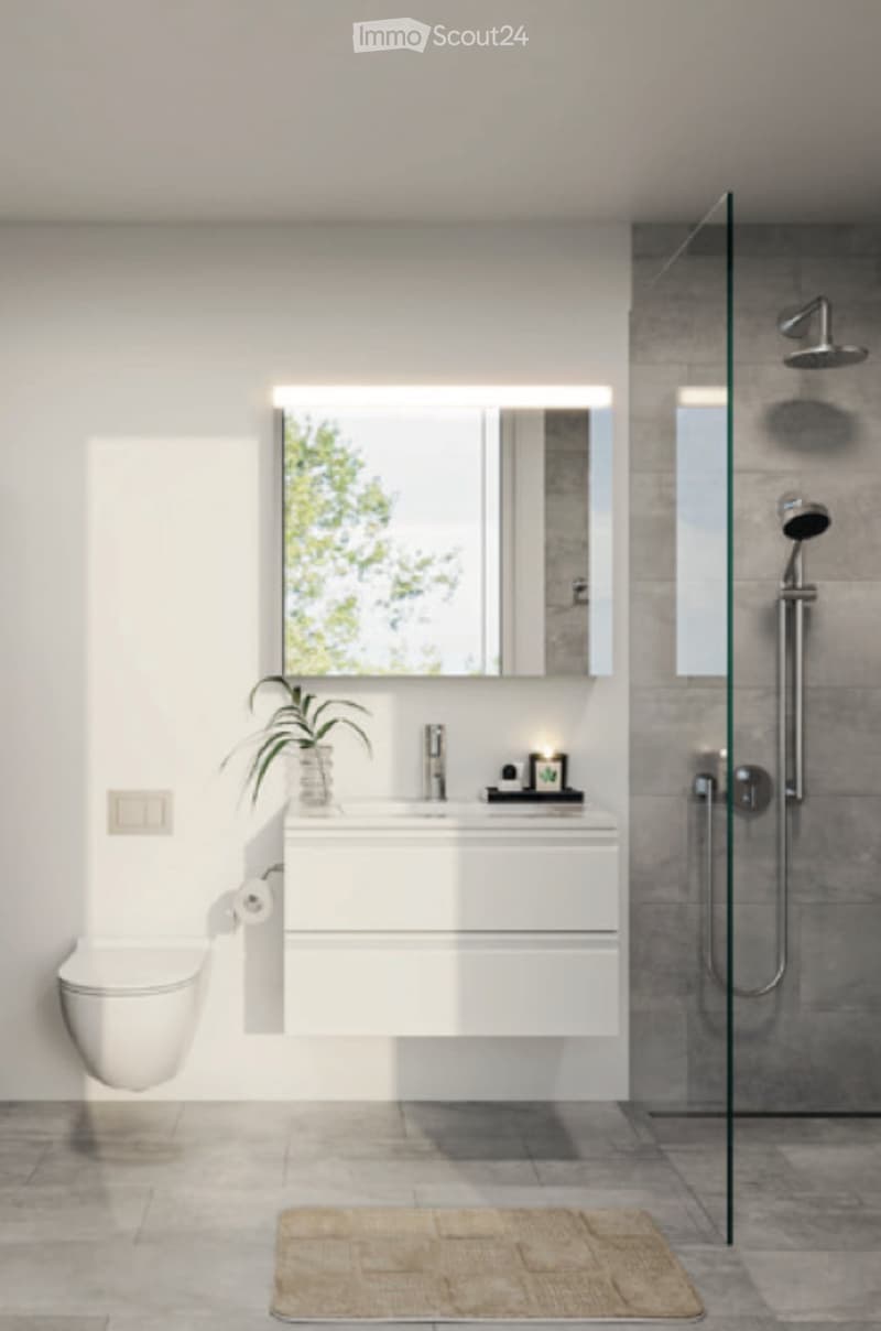 Modern bathroom with a white sink, mirror, toilet, glass-enclosed shower, and a small plant on the sink counter.
