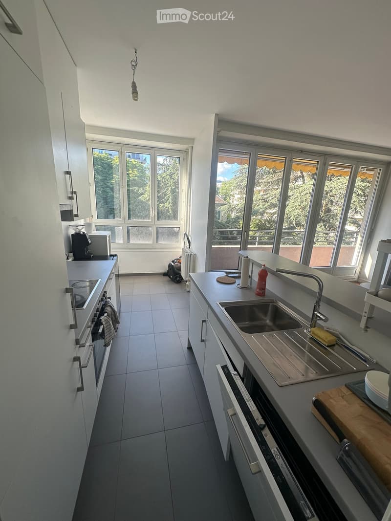 Modern kitchen with white cabinets, stainless steel sink, oven, coffee maker, and various small appliances. Large windows provide natural light and a view of greenery.