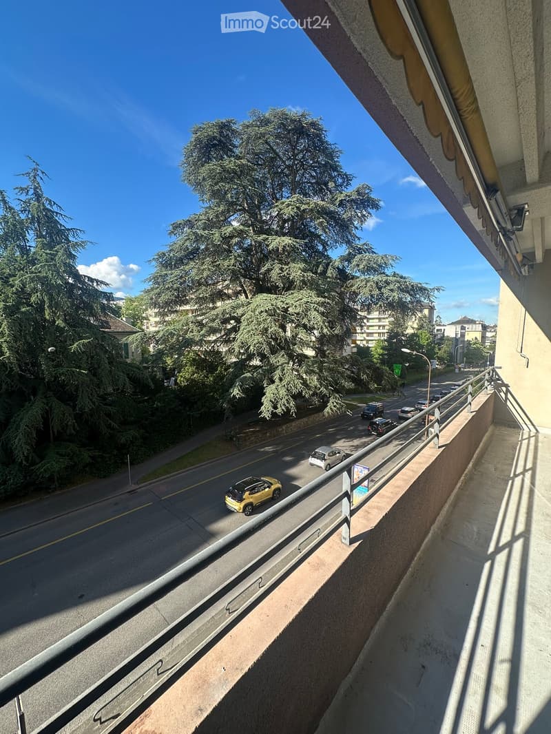 Balcony overlooking a road with passing cars, surrounded by trees and buildings.