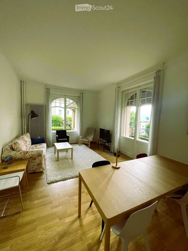 Bright living room with wooden flooring, large windows, a sofa, coffee table, dining table, chairs, and a television. The room features a white shag rug and a radiator near the window.