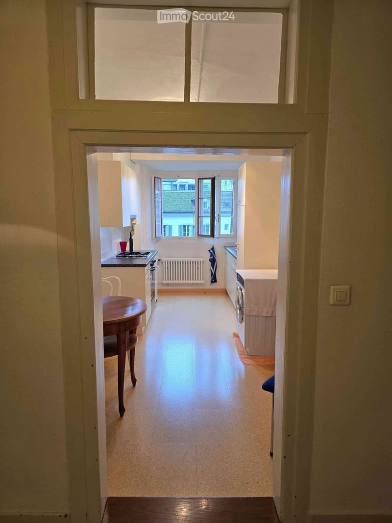 A narrow hallway leading to a kitchen area with a table, chairs, stove, and washing machine visible in the background.