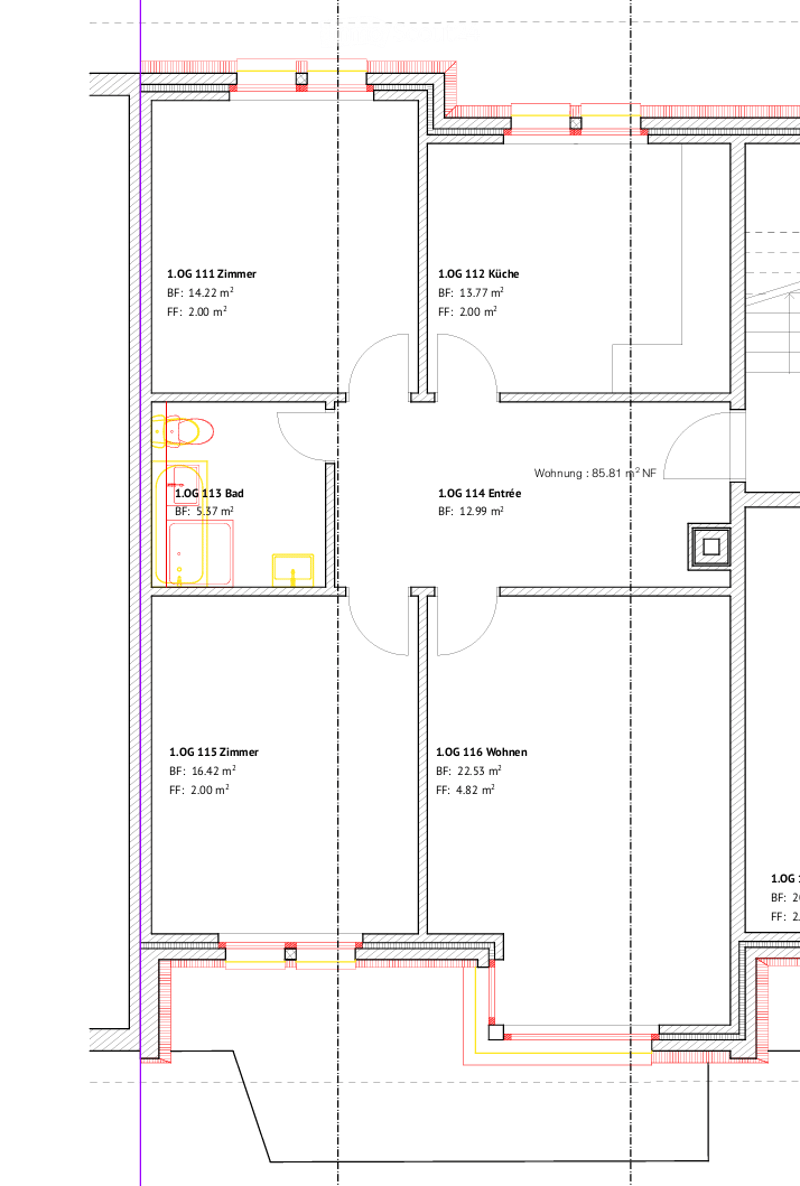 Floor plan of a 1st floor showing six rooms: two bedrooms, a kitchen, a bathroom, a living room, and an entrance area.