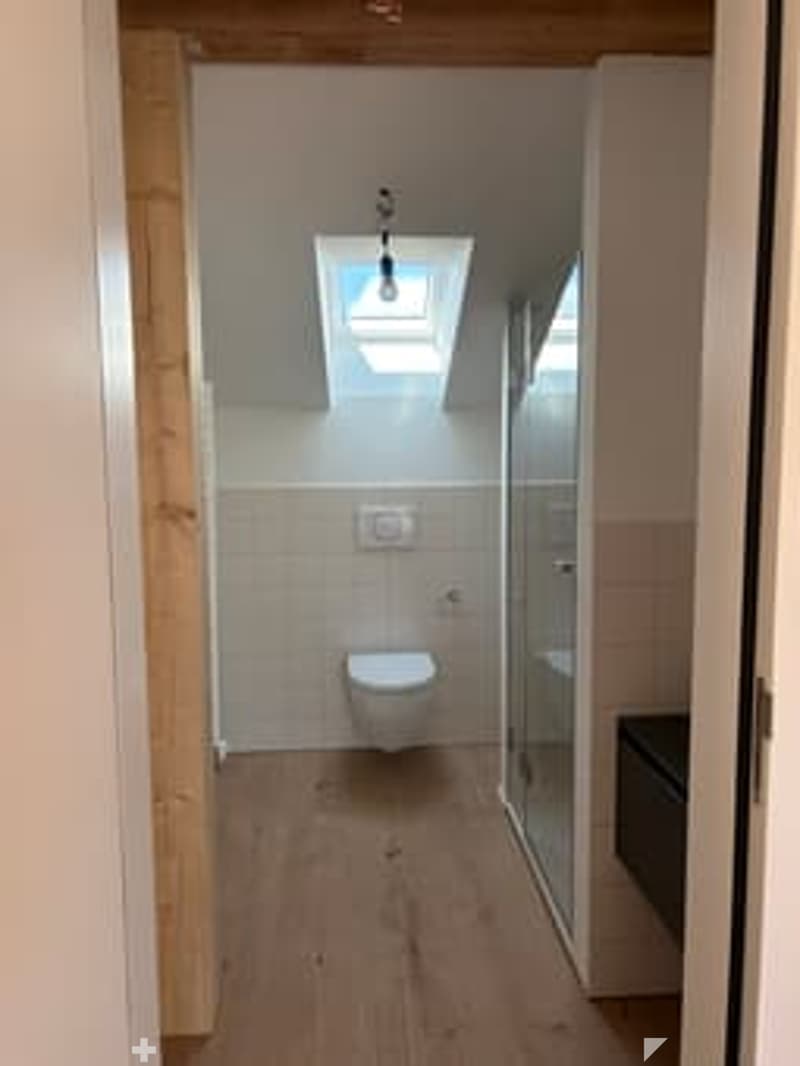 Modern bathroom with wooden flooring, white tiled walls, a toilet, a glass-enclosed shower stall, and a skylight window above the toilet.