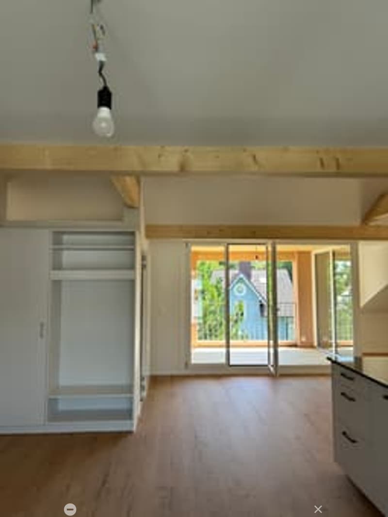 Bright, open-concept room with wooden flooring, white walls, exposed wooden beams, built-in closet, and large sliding glass doors leading to an outdoor area.