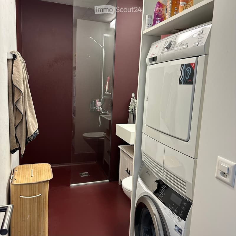 Modern bathroom with a glass-enclosed shower, toilet, washing machine, and a wooden trash bin. The walls are painted in deep red, and a towel is hanging on the left side.