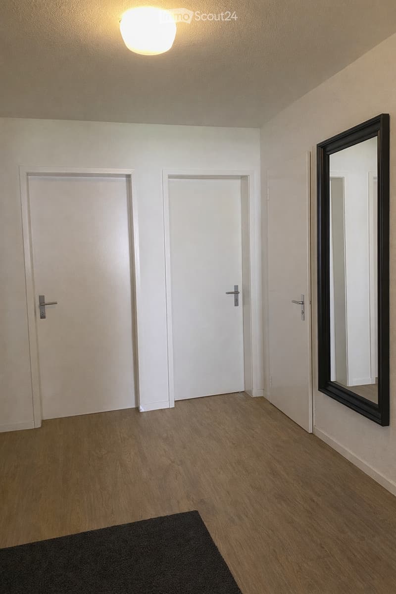 Empty hallway with light-colored walls, wooden flooring, two white doors, a large mirror, and a small black rug.