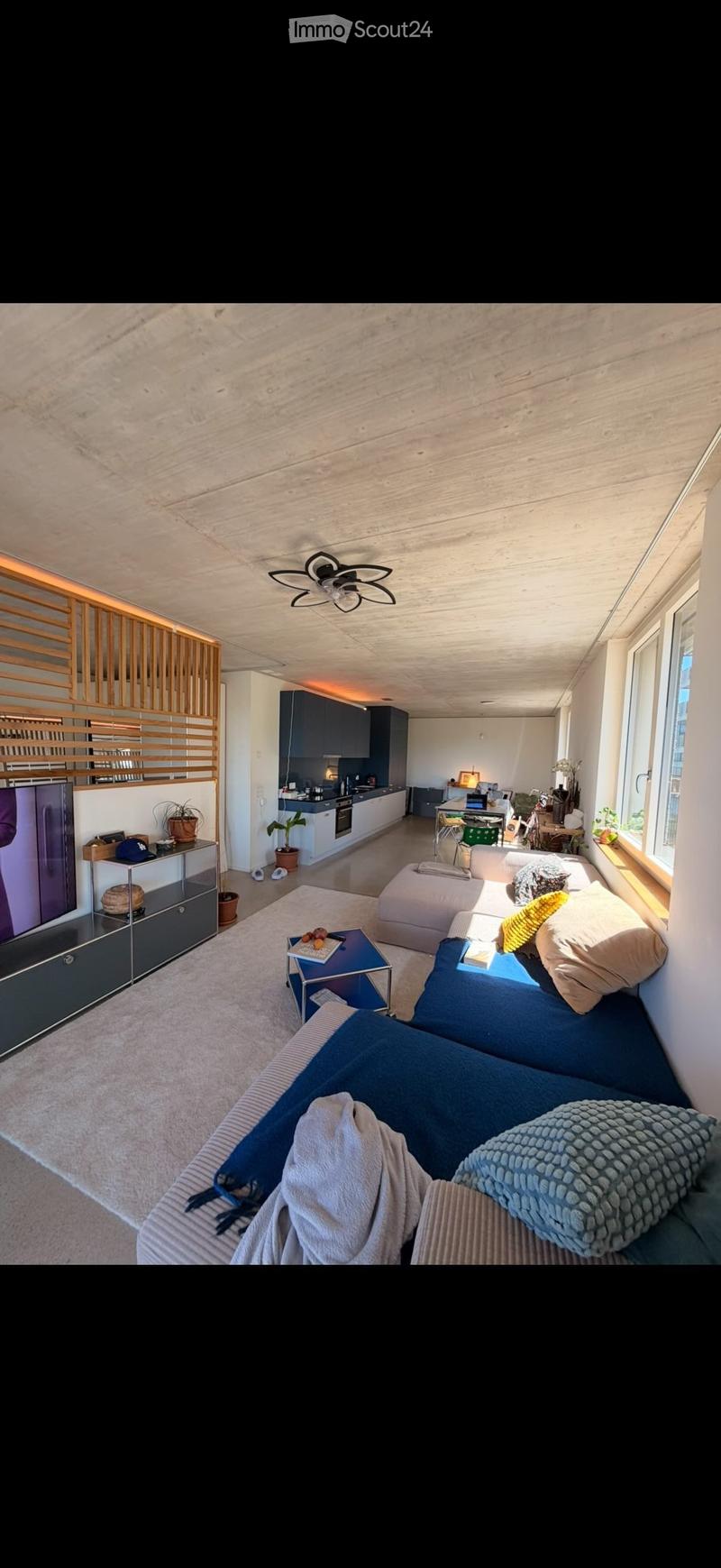 Modern open-plan living and dining area with a sectional sofa, coffee table, TV, and a small kitchen area with cabinets and appliances.