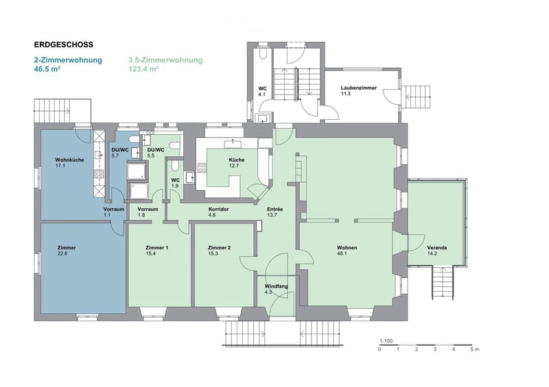 Ground floor floor plan showing a 3.5-room apartment (123.4 m²) and a 2-room apartment (46.5 m²). Layout includes living area, kitchen, bedrooms, bathrooms, hallway, entrance, balcony, and veranda.