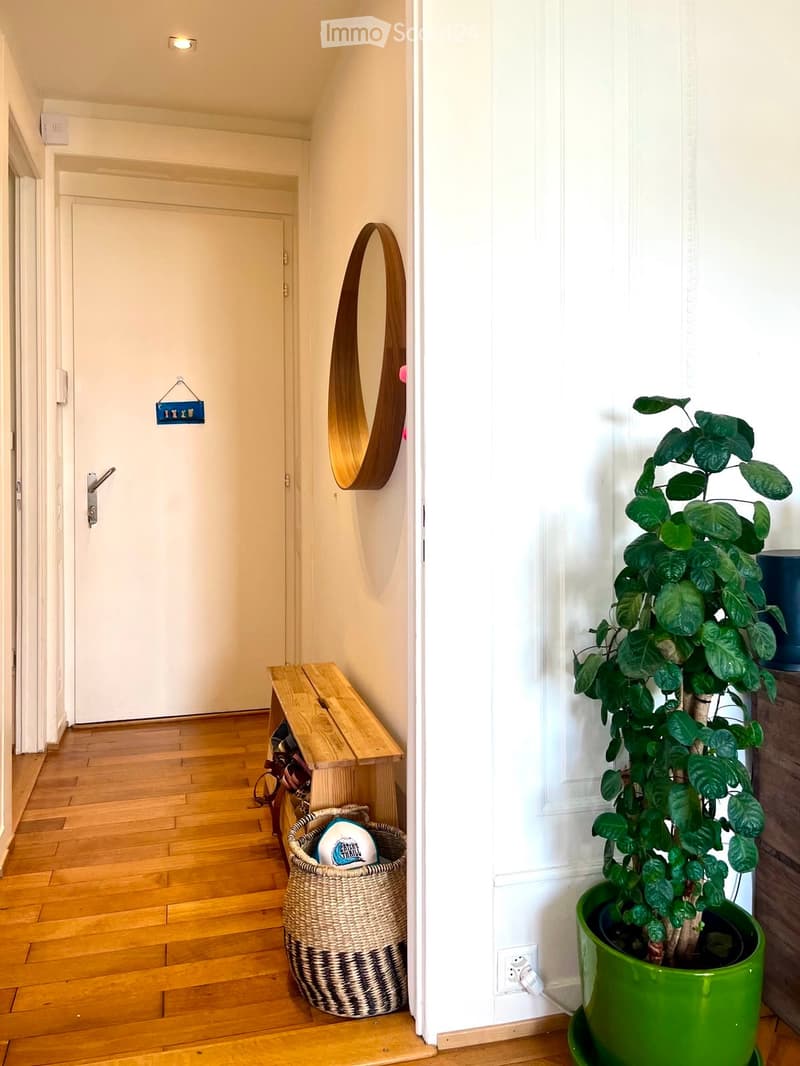 Hallway with wooden floor, white walls, a small wooden bench with a woven basket, a large green plant in a pot, and a decorative mirror on the wall.