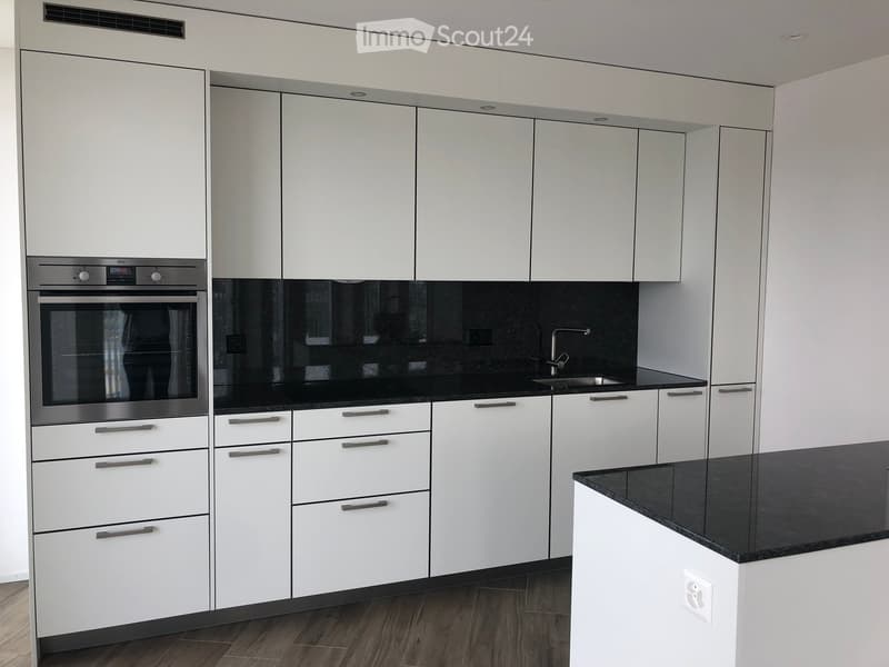 Modern kitchen with white cabinets, black countertops, and stainless steel appliances including an oven and sink.