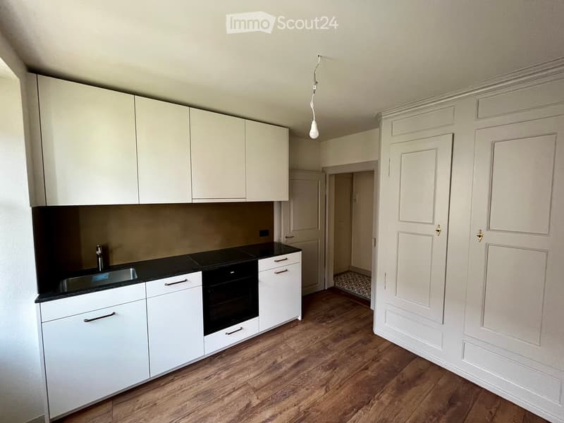 Modern kitchen with white cabinets, black countertop, and stainless steel sink. Wooden flooring and pendant light visible.