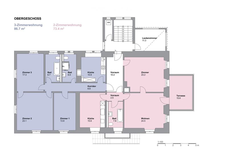 Floor plan of a 3-room apartment and a 2-room apartment on the upper floor, including rooms, bathrooms, kitchen, hallway, and terrace.