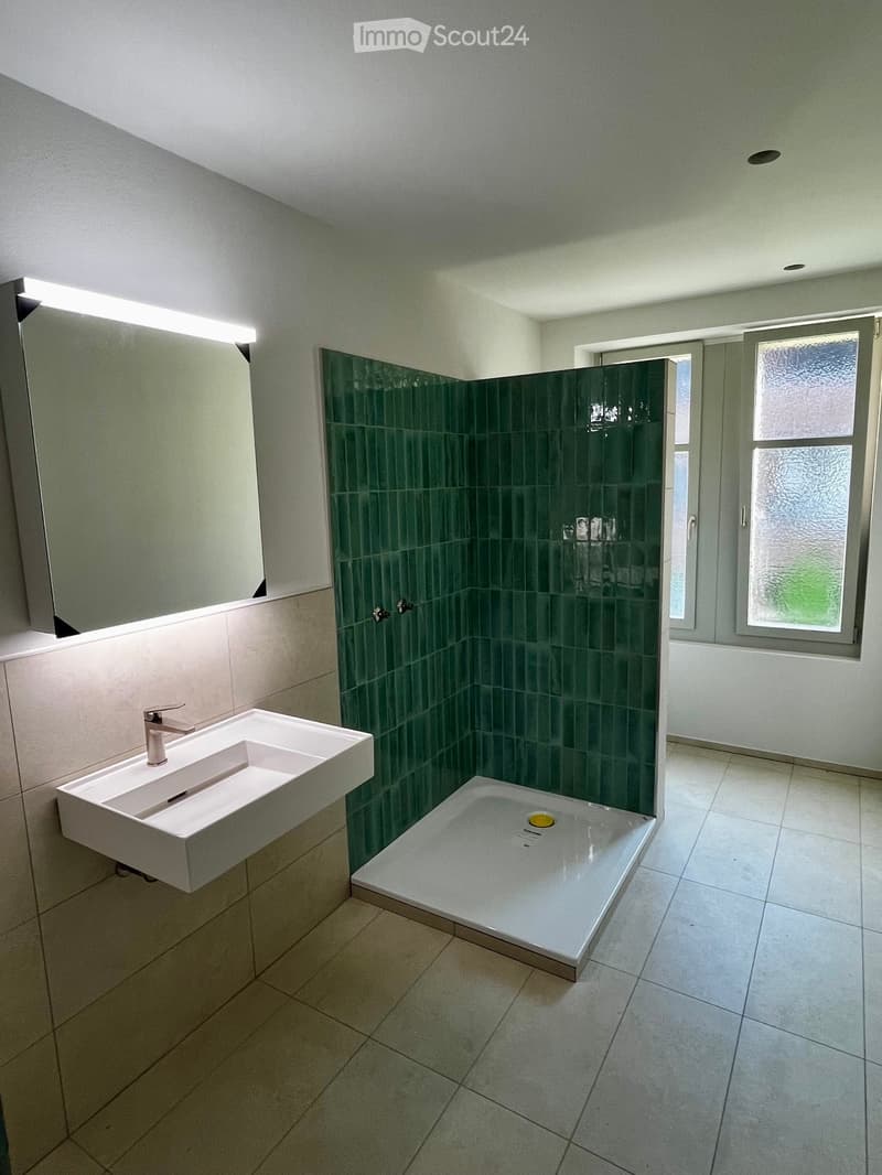 Modern bathroom with a white sink, chrome faucet, large mirror with built-in lighting, and a green-tiled shower area.