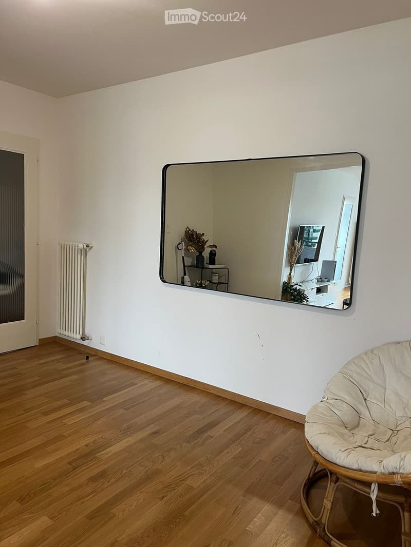 Empty room with white walls, wooden floor, large mirror, white radiator, wicker chair