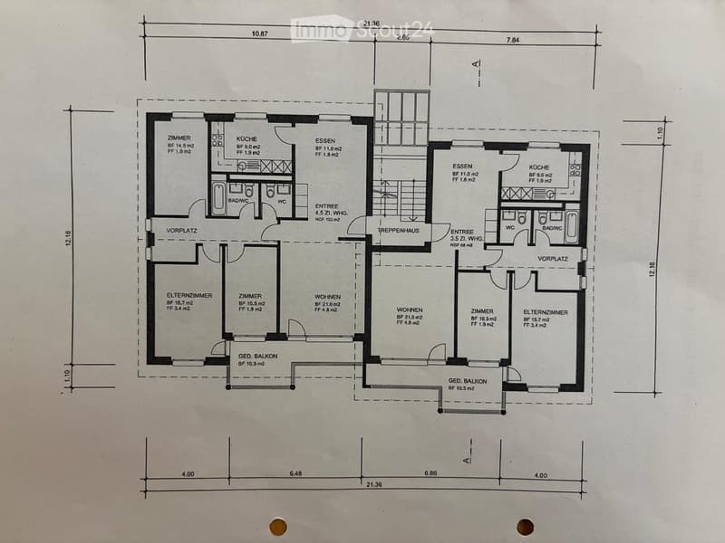 Floor plan of a two-story house with labeled rooms including living room, kitchen, bedrooms, bathrooms, and balconies.