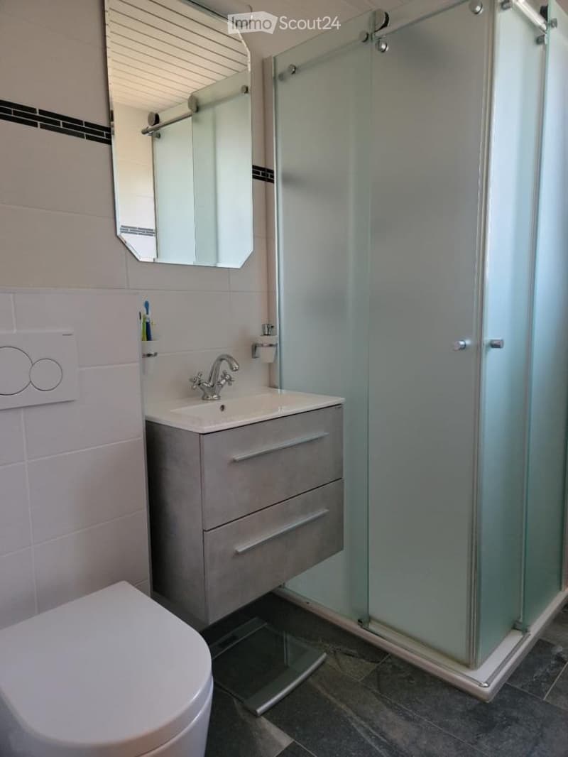 Modern bathroom with a white sink, chrome faucet, mirrored cabinet, toilet, and a glass-enclosed shower. The walls are tiled in white with black accents, and the floor is dark tiled.
