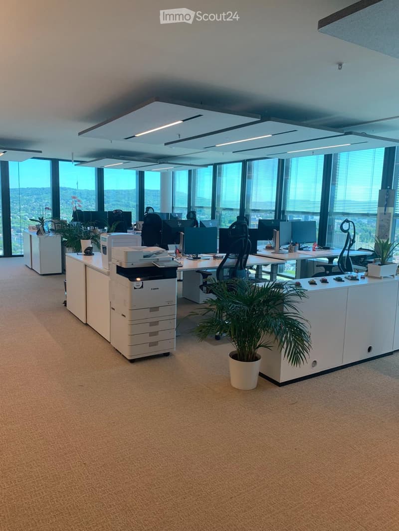 Modern office space with desks, chairs, computers, a printer, and potted plants, large windows with a scenic view.