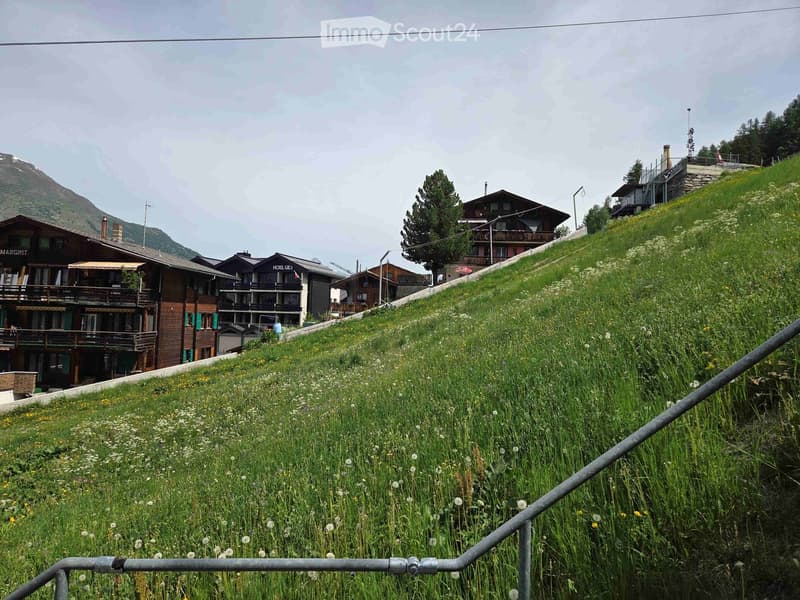 A grassy hillside with scattered white flowers, featuring several multi-story wooden buildings with balconies and awnings, surrounded by trees and mountains in the background.