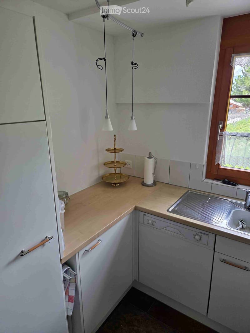 Modern kitchen with light-colored cabinets, a stainless steel sink, a dishwasher, and a small decorative cake stand on the counter.