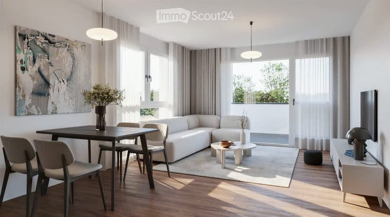 Modern living room with a white sectional sofa, a dark wooden dining table with four chairs, a white coffee table, a floor lamp, and a TV stand with a screen. The room has large windows with sheer curtains and a view of greenery outside.