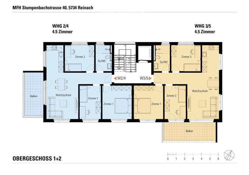 Floor plan of a multi-unit building showing two apartments (W2/4 and W3/5) on the upper floor, each with 4.5 rooms, including living/dining/kitchen areas, bedrooms, bathrooms, and balconies.