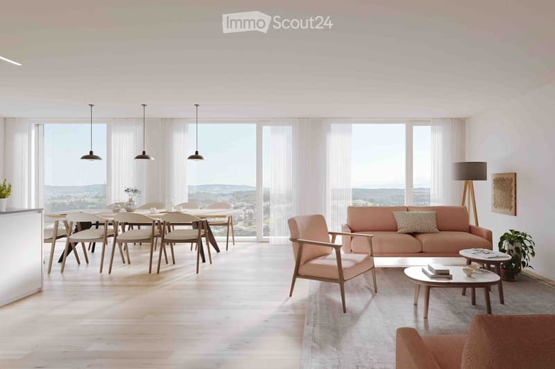 Modern living and dining area with large windows offering a scenic view, featuring a light pink sofa, wooden coffee table, dining table with chairs, pendant lights, and decorative plants.
