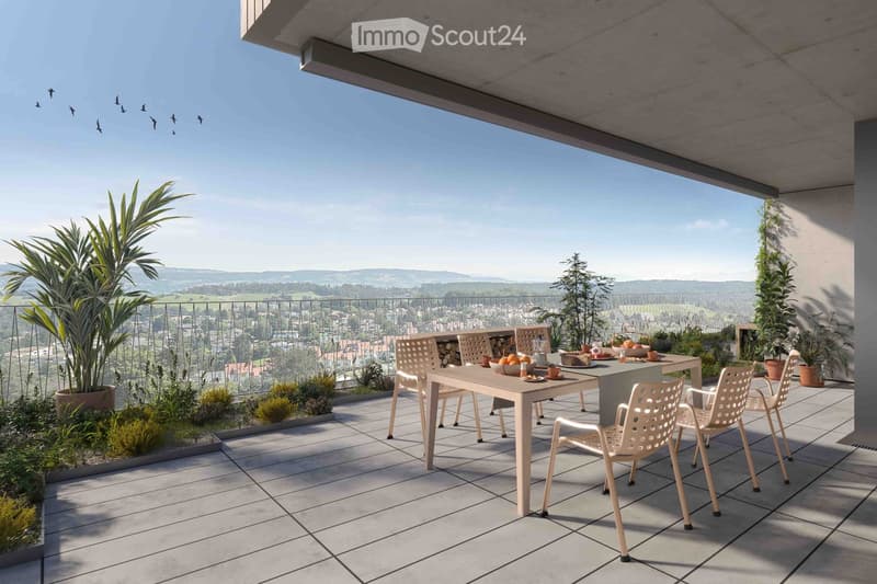 Balcony with tiled floor, modern furniture including a table and chairs, potted plants, and a scenic view of the countryside.