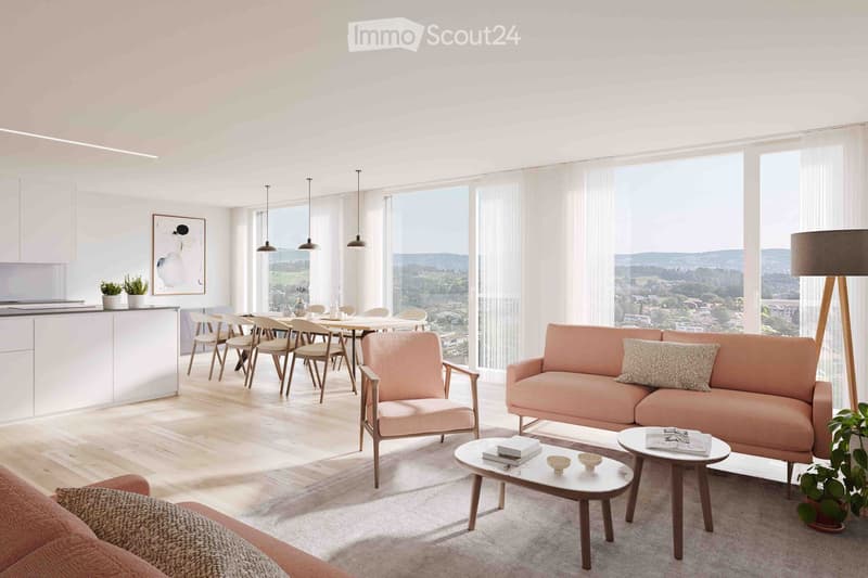 Modern living and dining area with large windows offering a scenic view, featuring a pink sofa, armchair, coffee tables, dining table with chairs, pendant lights, and decorative items.