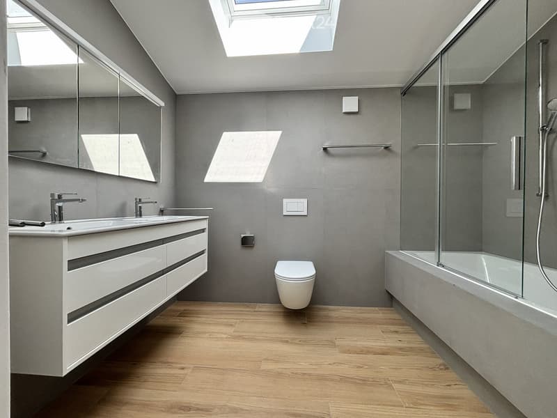 Modern bathroom with grey walls, wooden flooring, double sink vanity, large mirror, toilet, bathtub with glass shower enclosure, and skylight windows.