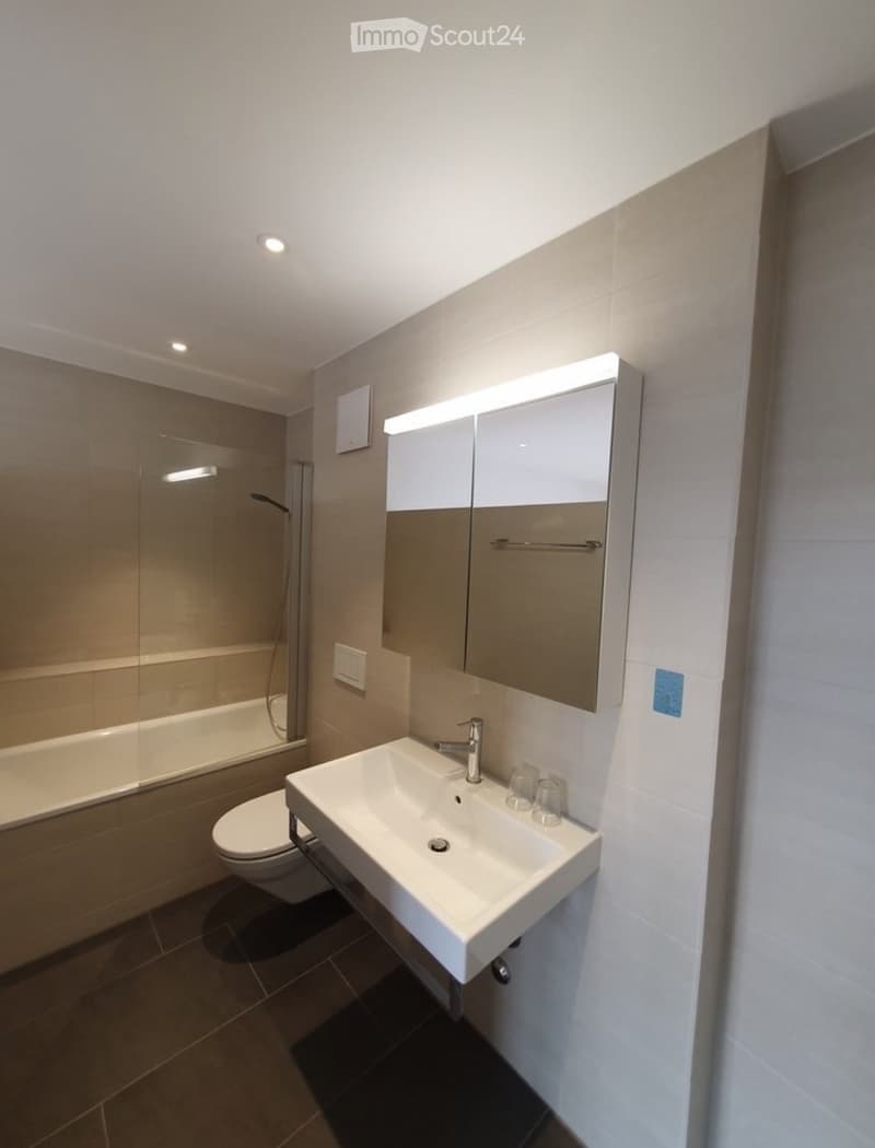 Modern bathroom with a white sink, chrome faucet, mirrored cabinet, toilet, bathtub, and glass-enclosed shower area.