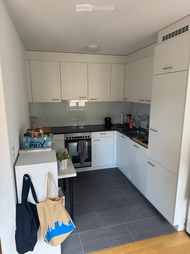 Modern kitchen with white cabinets, dark countertops, and stainless steel appliances. Includes an oven, sink, coffee maker, and a small table with a plant and handbags.
