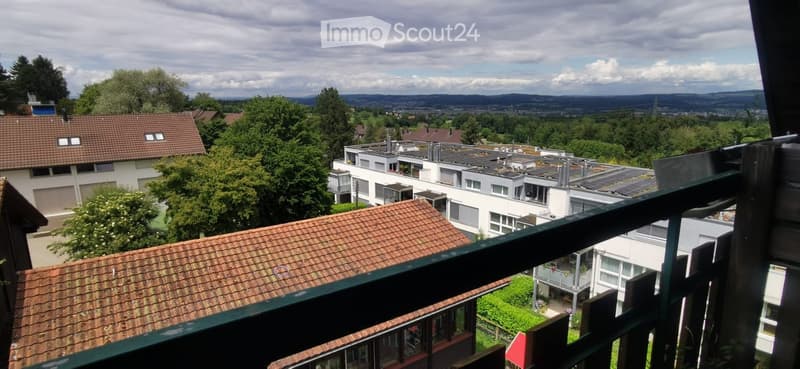 Balcony view overlooking a suburban neighborhood with multiple houses, trees, and distant hills under a partly cloudy sky.